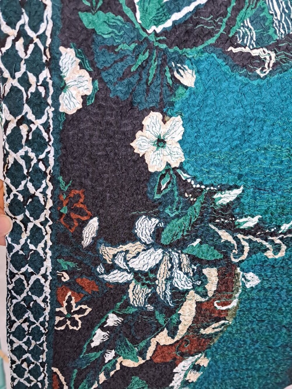 Funky Teal Lightweight Floral Tapestry Crinkle Knit Duster Coat Artsy Boho Sz L - Picture 7 of 12